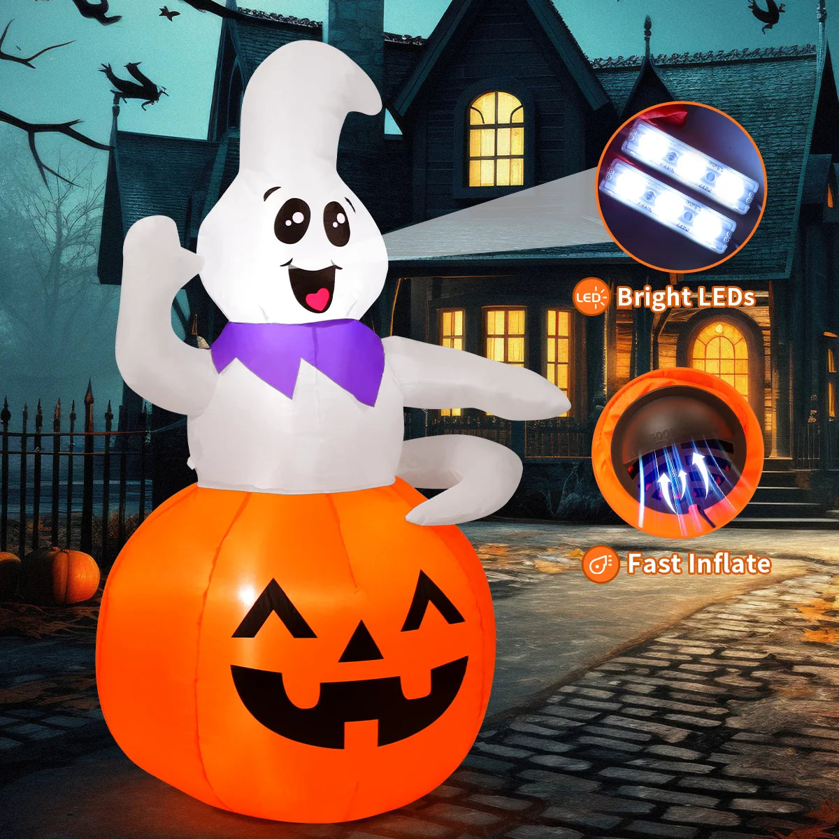 Halloween Inflatable 5 FT Pumpkin Ghost Inflatable, Cute Ghost Pumpkin Inflatable Halloween Blow up Decorations with LED Lights, Outdoor Halloween Decorations Clearance for Halloween/Holiday