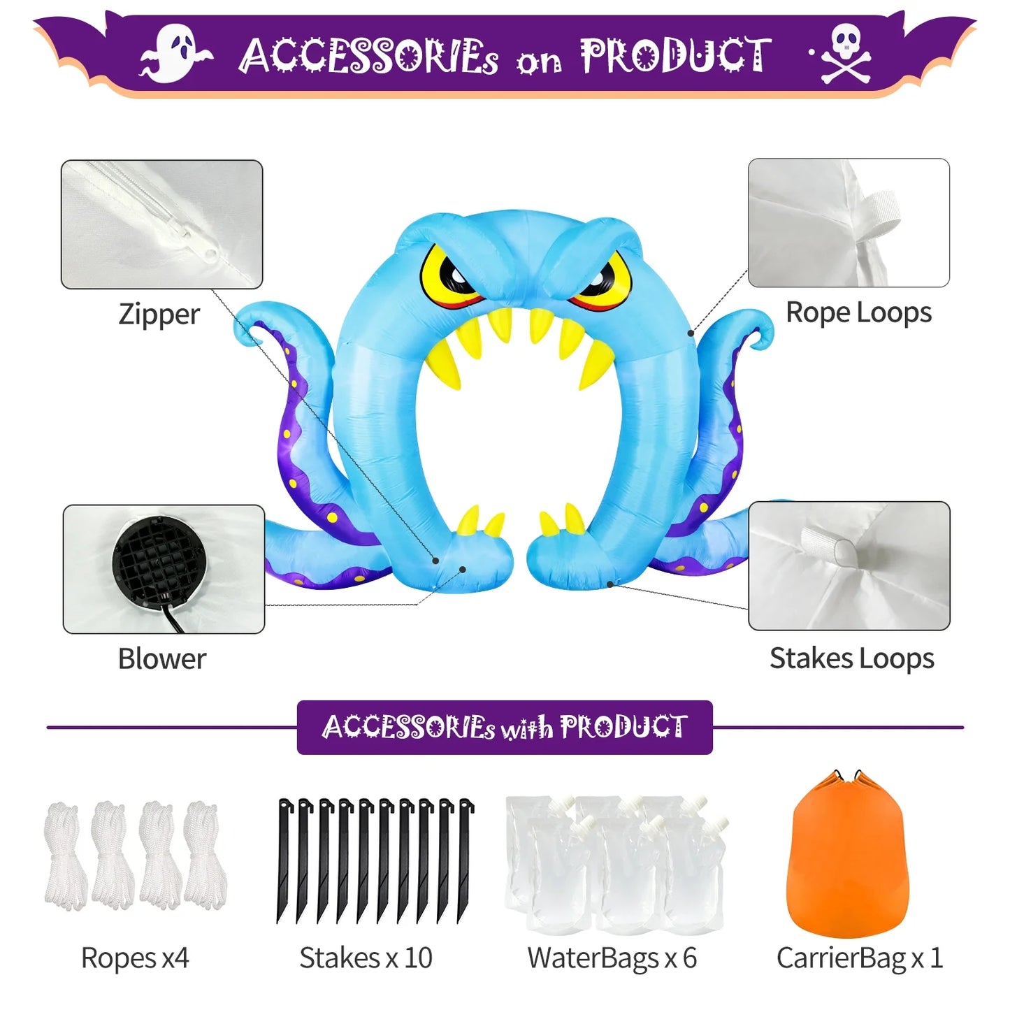 Halloween Inflatable Decorations, Blow up Archway Octopus Tentacles Blue Decor, Day of Dead Build-In Leds