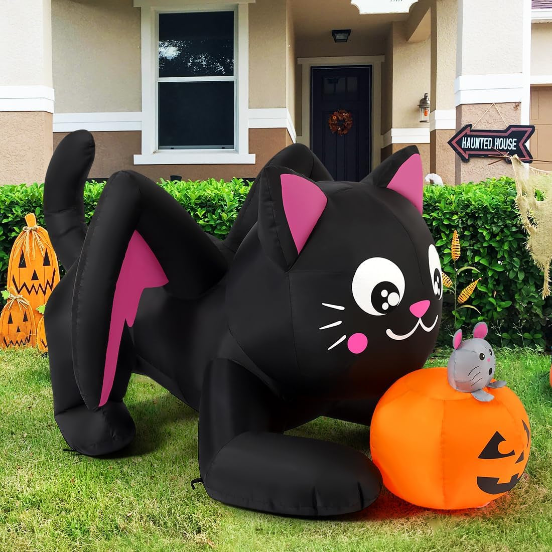 5 FT Halloween Inflatable Cat and Pumpkin with LED for Outdoor Decor