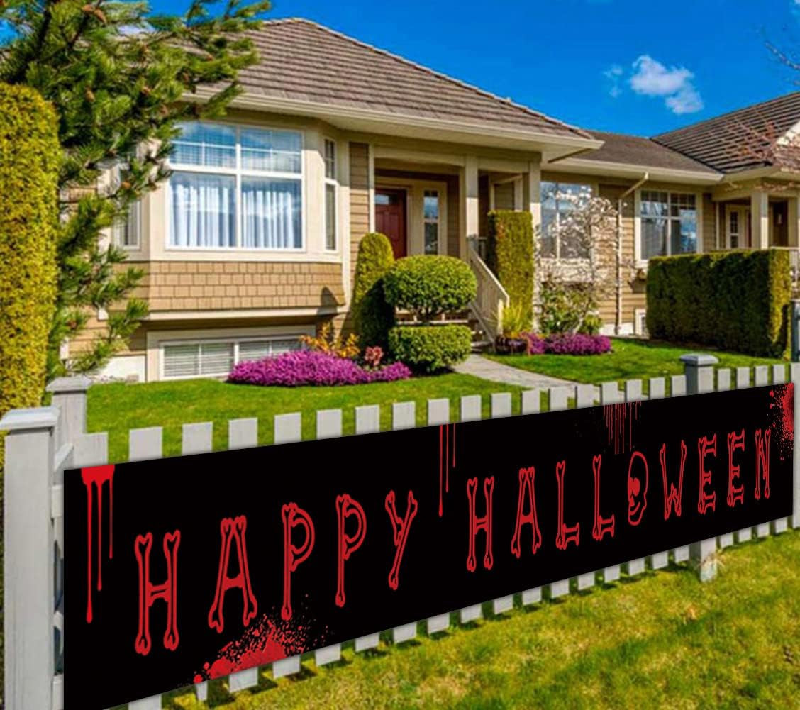 Large Happy Halloween Banner, Halloween Party Decoration Supplies Outdoor Indoor, Funny Terror Bloody Banner（9.8 X 1.6 Feet）