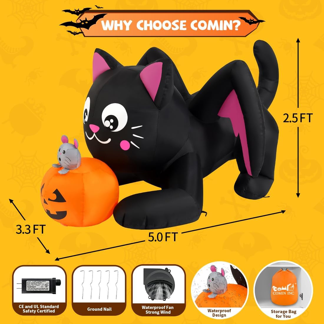 5 FT Halloween Inflatable Cat and Pumpkin with LED for Outdoor Decor