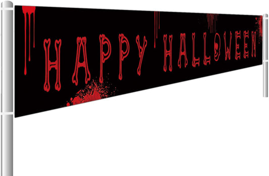 Large Happy Halloween Banner, Halloween Party Decoration Supplies Outdoor Indoor, Funny Terror Bloody Banner（9.8 X 1.6 Feet）