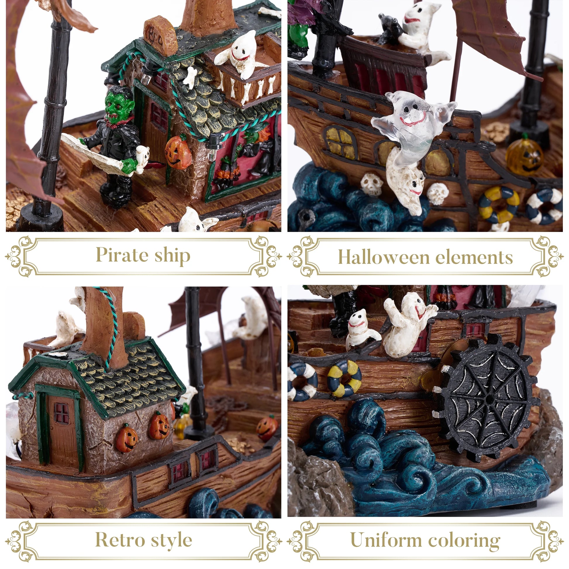 8.86 Inches Lighted Spooky Halloween Pirate Ship Figurine Halloween Haunted House with Ghosts, Pumpkins, Witch and Music, Halloween Village for Party Decor