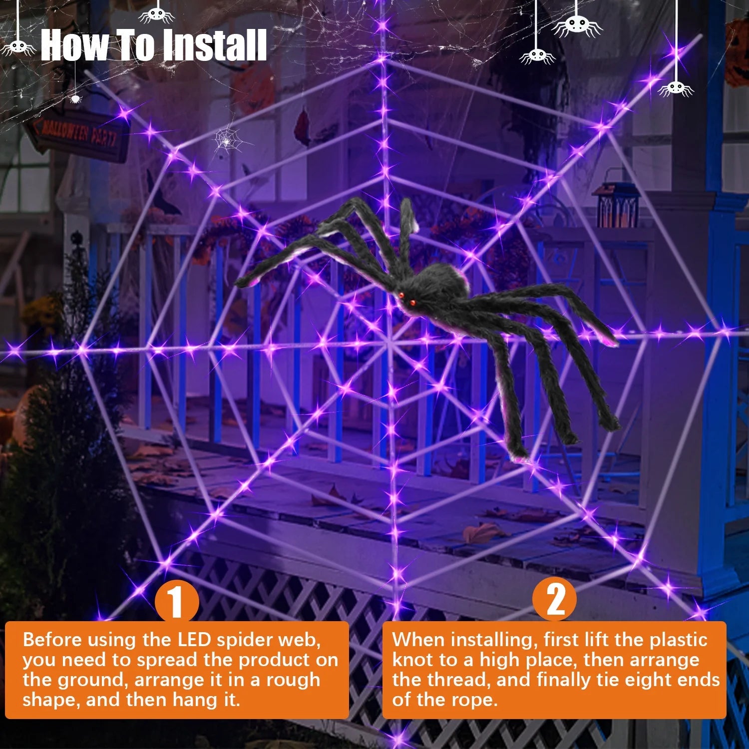 11.8Ft Halloween 144 LED Purple Spider Web Lights with 35" Giant Spider Light up Cobweb Halloween Decorations for Indoor Ourdoor Garden Yard Home Patio (Orange, 1Pc)